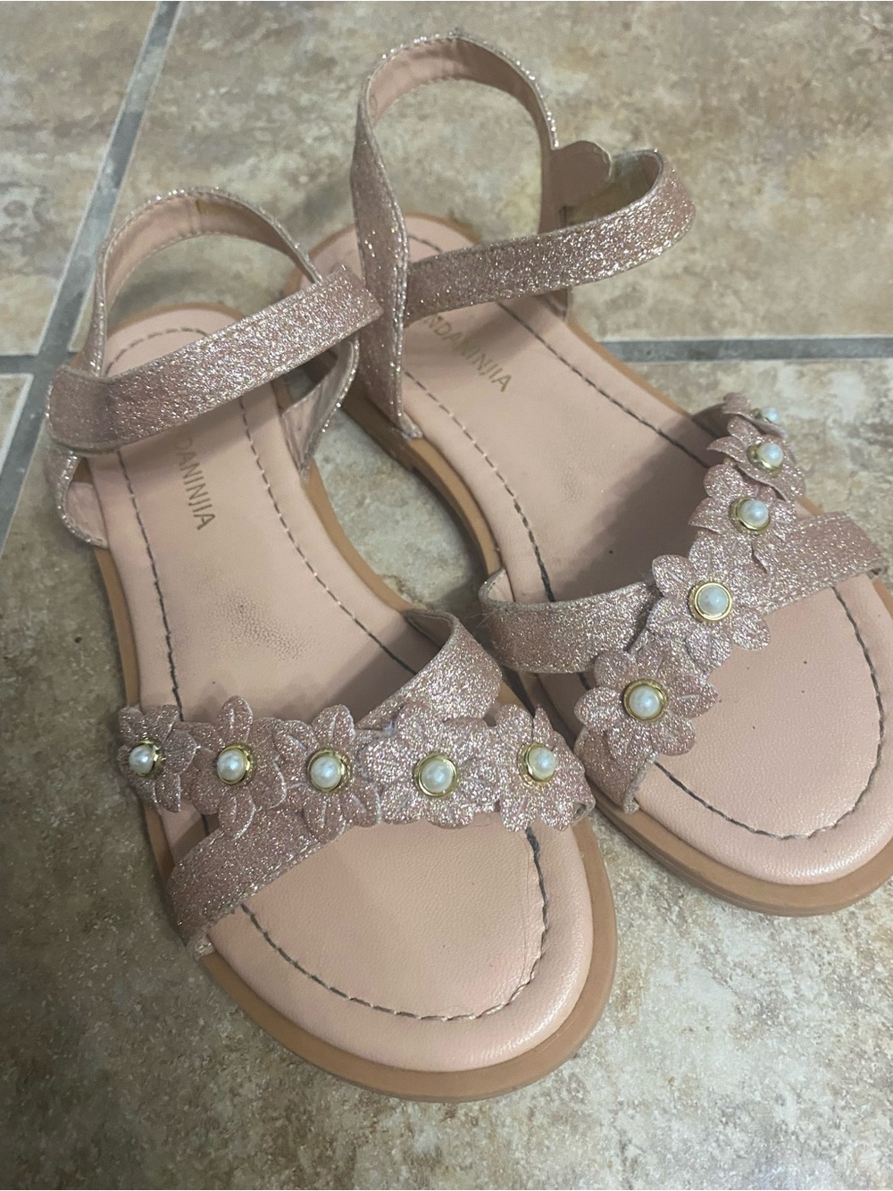 Girls' Sparkle Pink Floral Sandals with Pearl Accents size 1